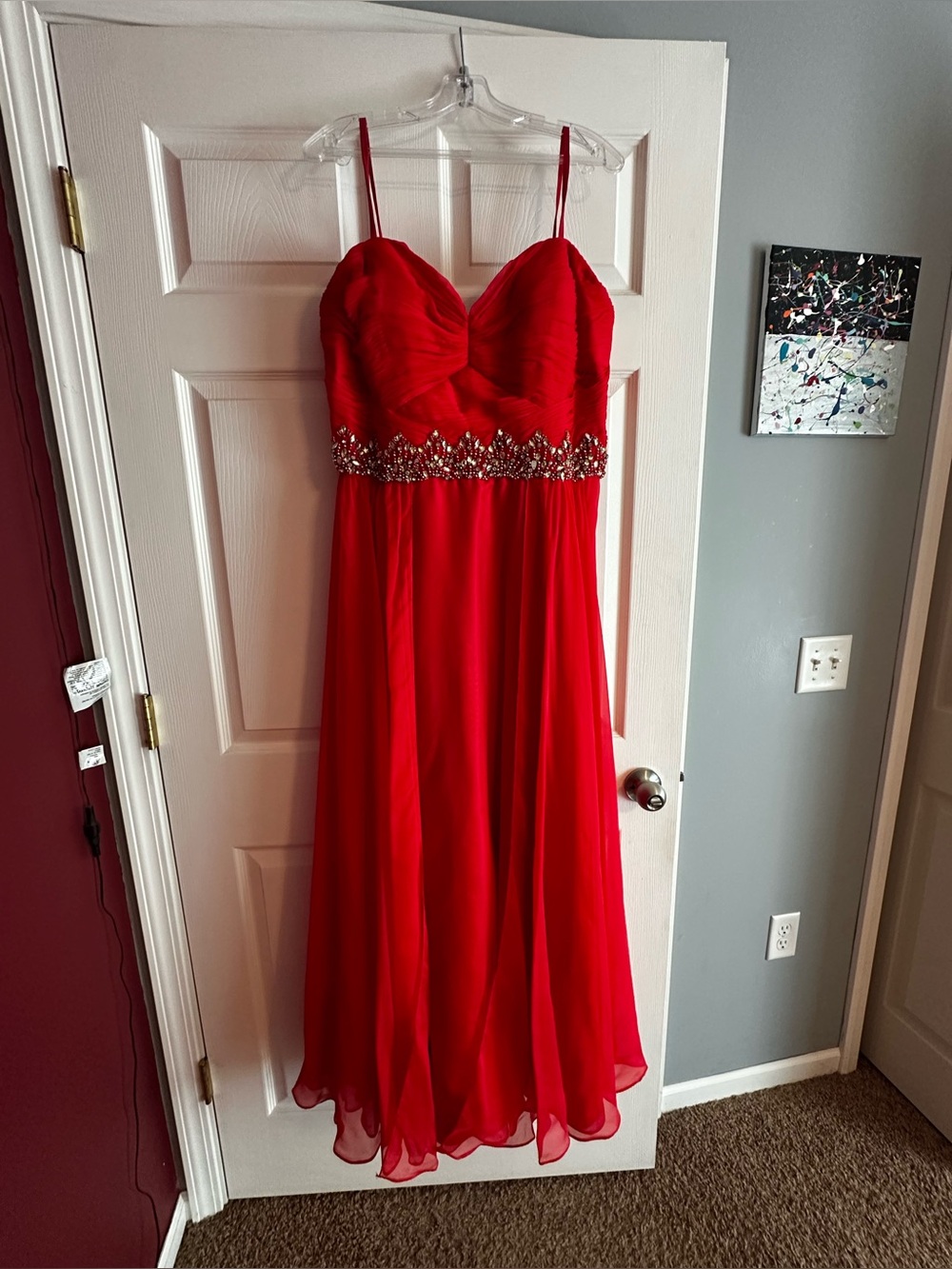 Red Beaded Chiffon Evening Dress - Womens